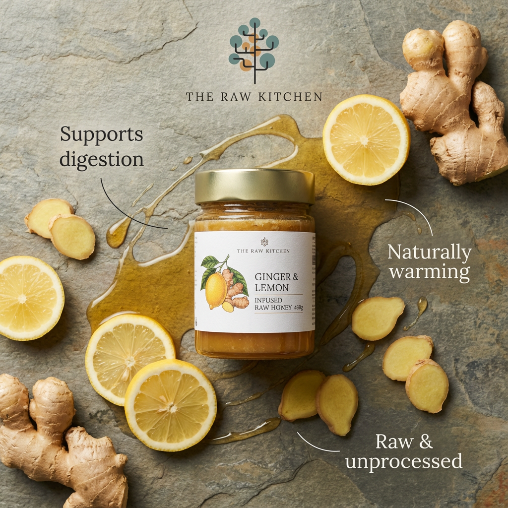 Jar of Ginger & Lemon honey from The Raw Kitchen surrounded by ginger roots and lemon slices on a stone surface.