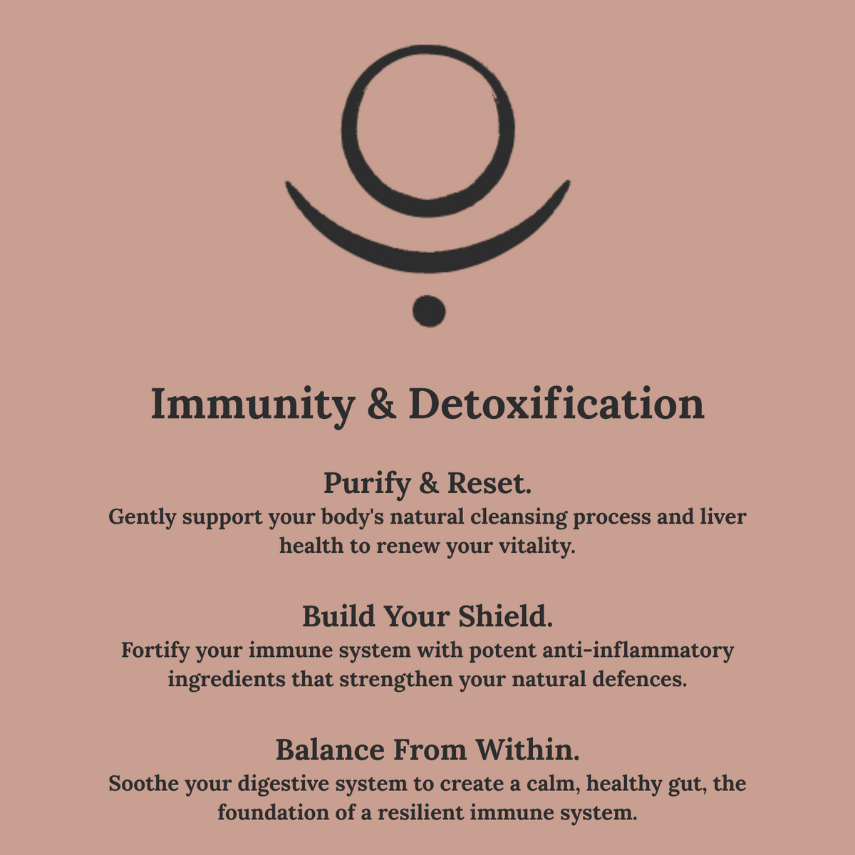Text on a pink background about immunity and detoxification with a symbol above the text.