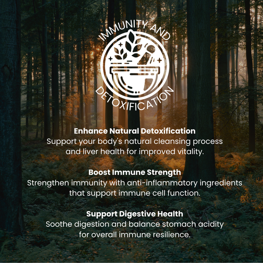 An infographic on The Raw Kitchen UK's Immunity & Detoxification health pillar, highlighting benefits like boosting immune strength and supporting digestive health.
