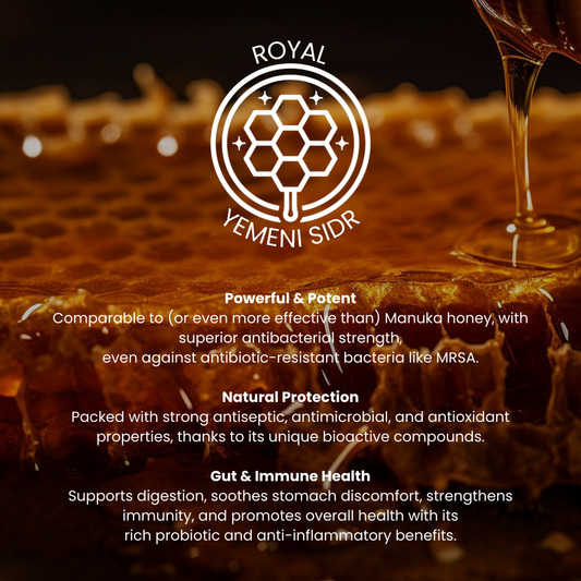 An infographic on the benefits of Royal Yemeni Sidr honey, highlighting its potent properties for natural protection and supporting gut & immune health - The Raw Kitchen UK.