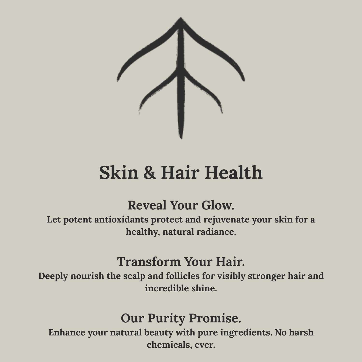 Advertisement for skin and hair health with a black symbol on a beige background