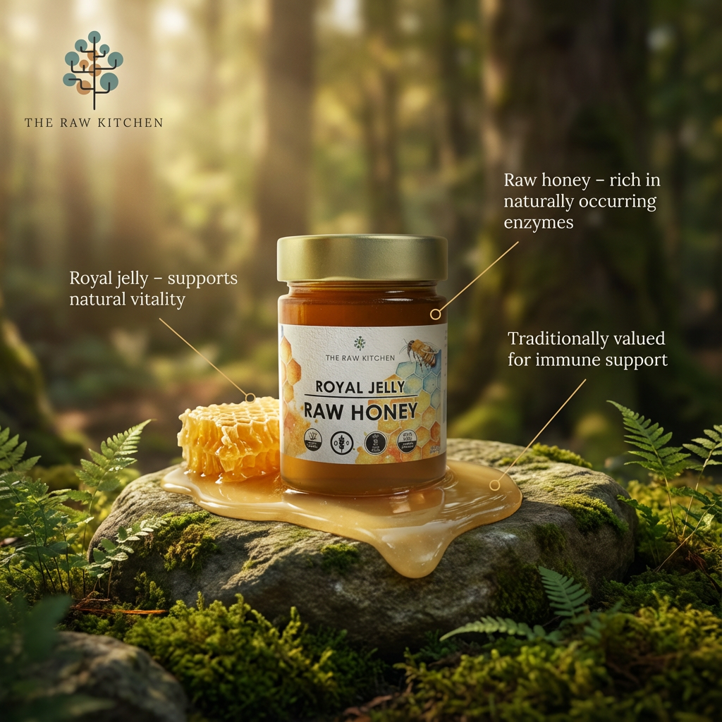 Jar of Royal Jelly Raw Honey on a rock with honeycomb, surrounded by greenery, featuring 'The Raw Kitchen' brand.