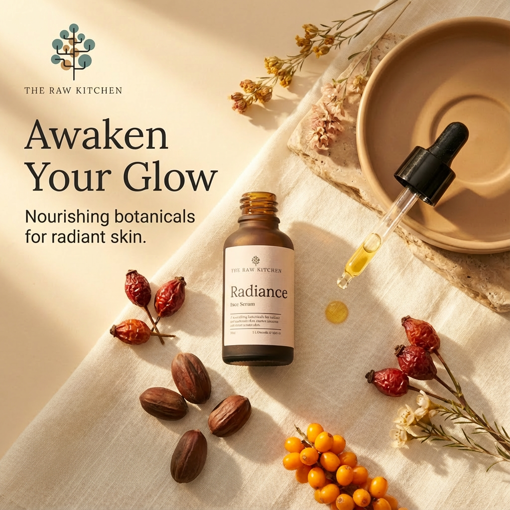 Radiance serum bottle with dropper and botanicals on a textured surface, featuring 'The Raw Kitchen' brand.