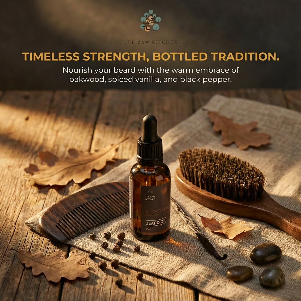Beard oil bottle with comb, brush, and spices on a wooden surface with 'The Raw Kitchen' branding.