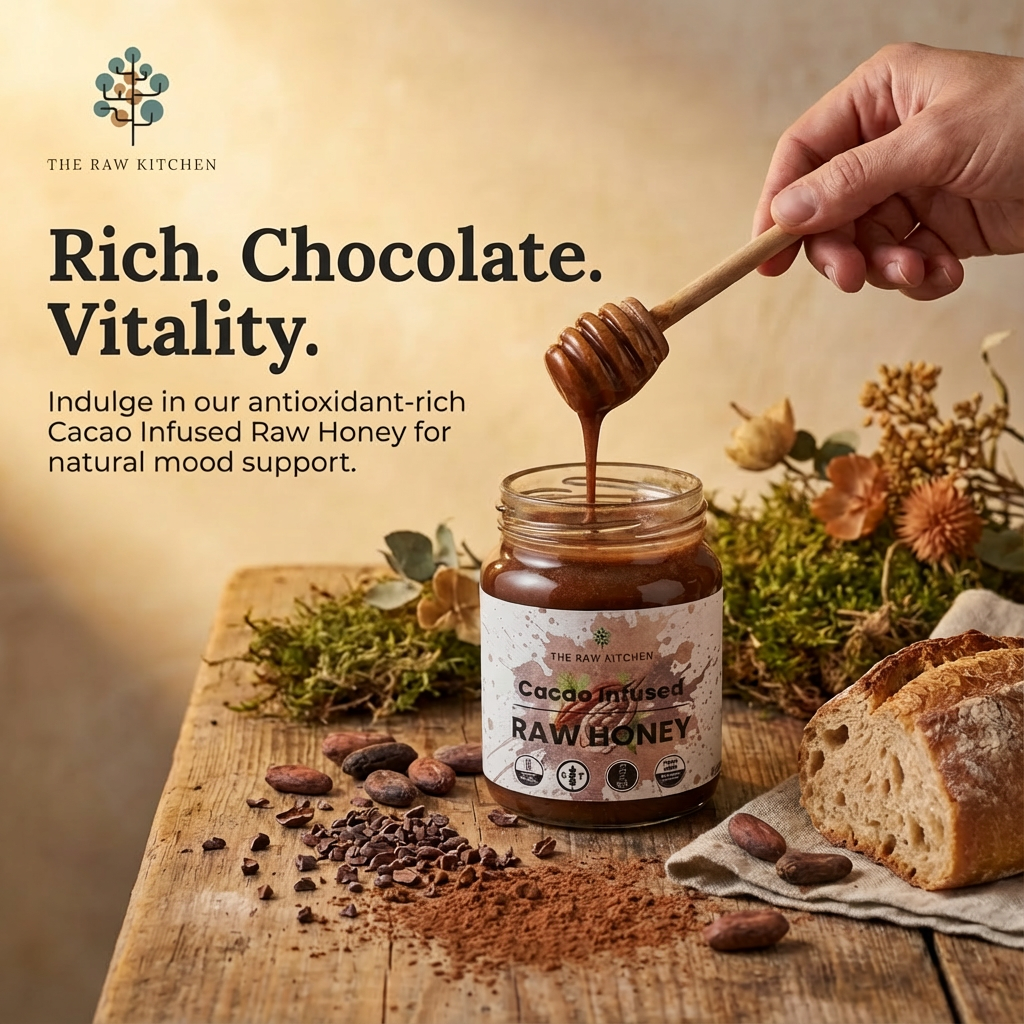 Cacao-infused raw honey jar with honey being drizzled, surrounded by chocolate chips and bread on a wooden surface.