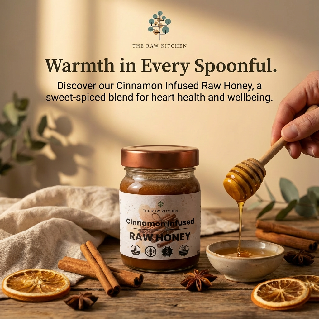 Cinnamon Infused Raw Honey jar with honey being drizzled, surrounded by cinnamon sticks and oranges on a wooden surface.