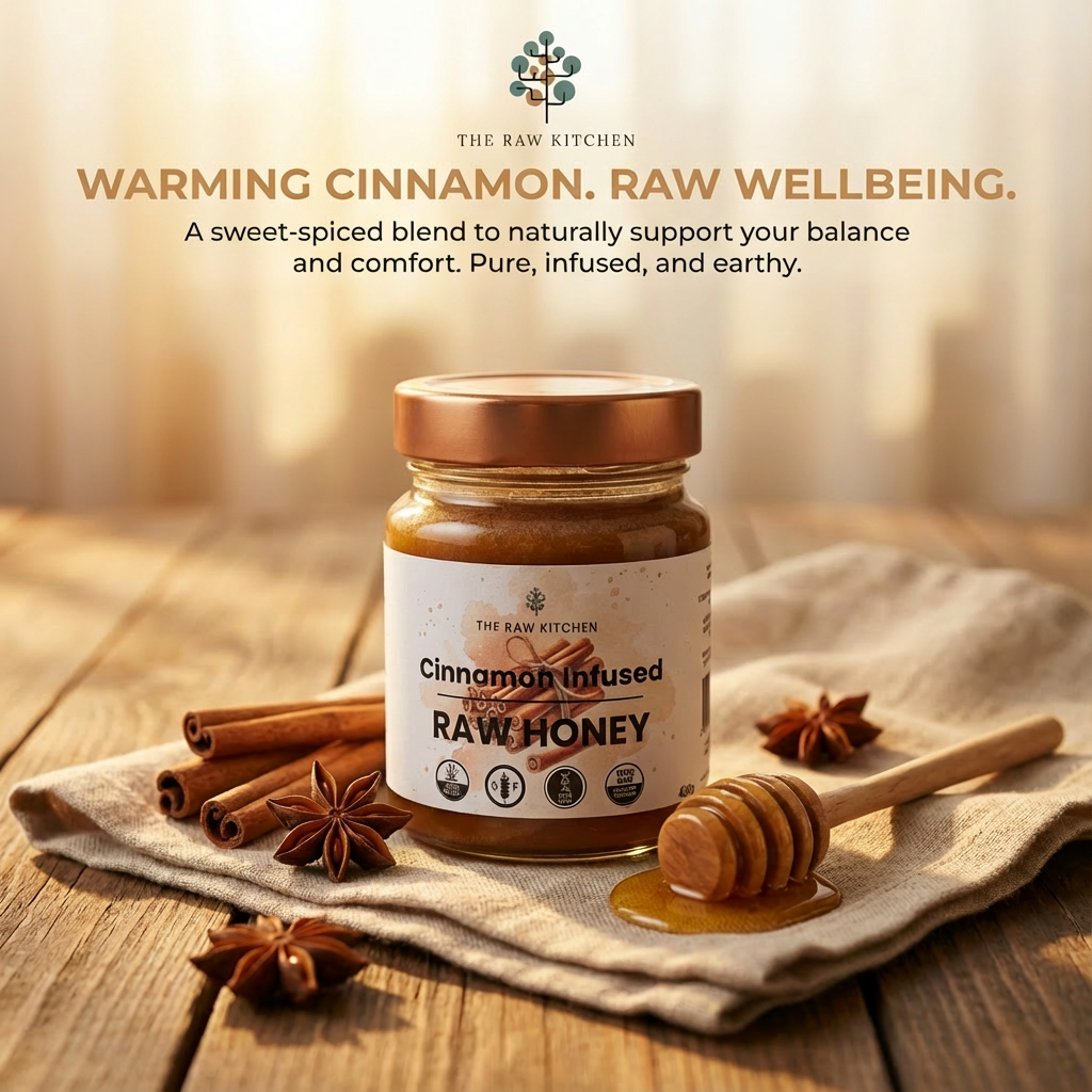 Jar of cinnamon-infused raw honey with honey dipper on a wooden surface, featuring 'The Raw Kitchen' branding.