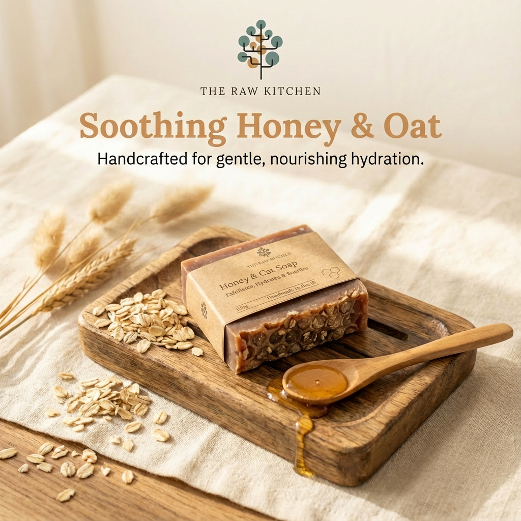Bar of honey and oat soap on a wooden tray with oats and honey, branded 'The Raw Kitchen'.