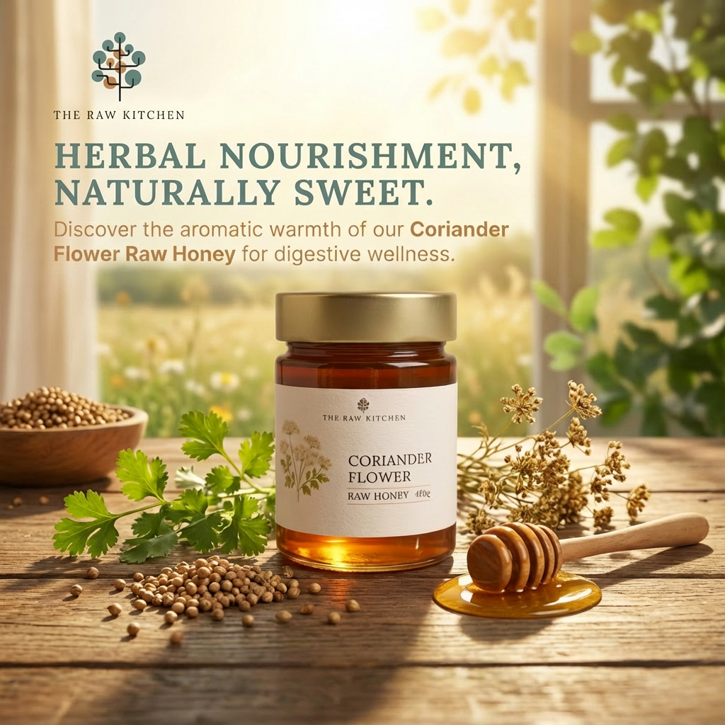 Jar of Coriander Flower Raw Honey with honey dipper on a wooden surface, surrounded by coriander seeds and flowers, with a blurred outdoor background.