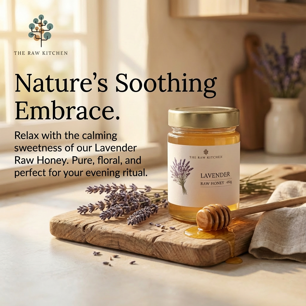 Jar of lavender raw honey on a wooden board with lavender flowers and a wooden spoon, in a warm setting.