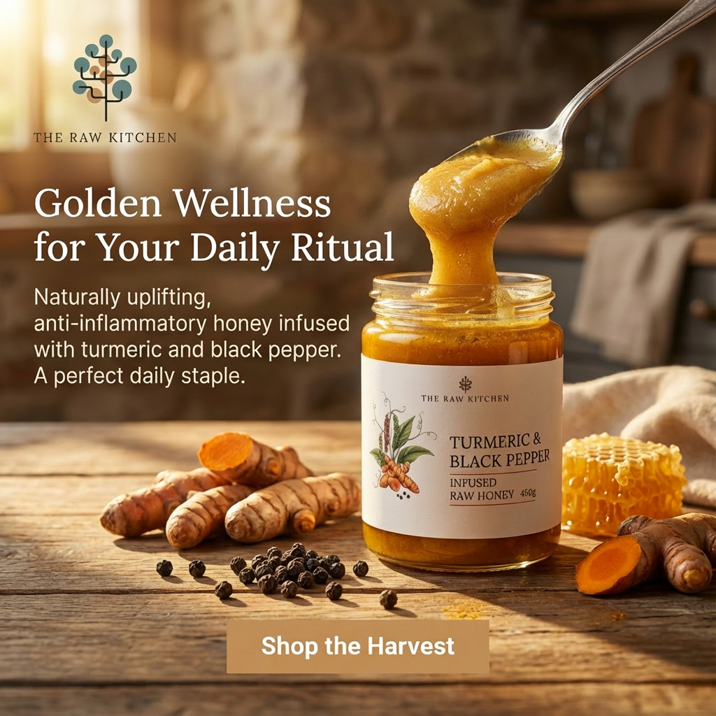 Jar of turmeric and black pepper infused raw honey with spoonful on wooden surface, The Raw Kitchen branding.