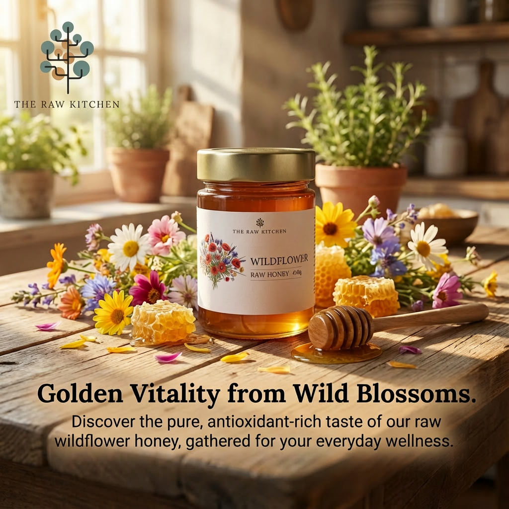Jar of wildflower honey on a wooden table with flowers and a honey dipper, in a kitchen setting.