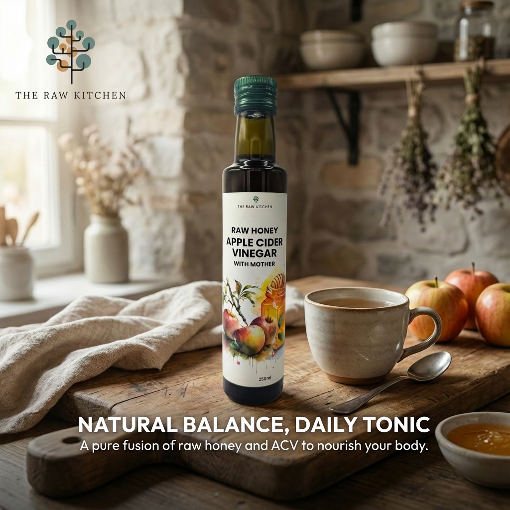 Bottle of raw honey apple cider vinegar on a wooden cutting board with a cup and apples in a rustic kitchen setting.