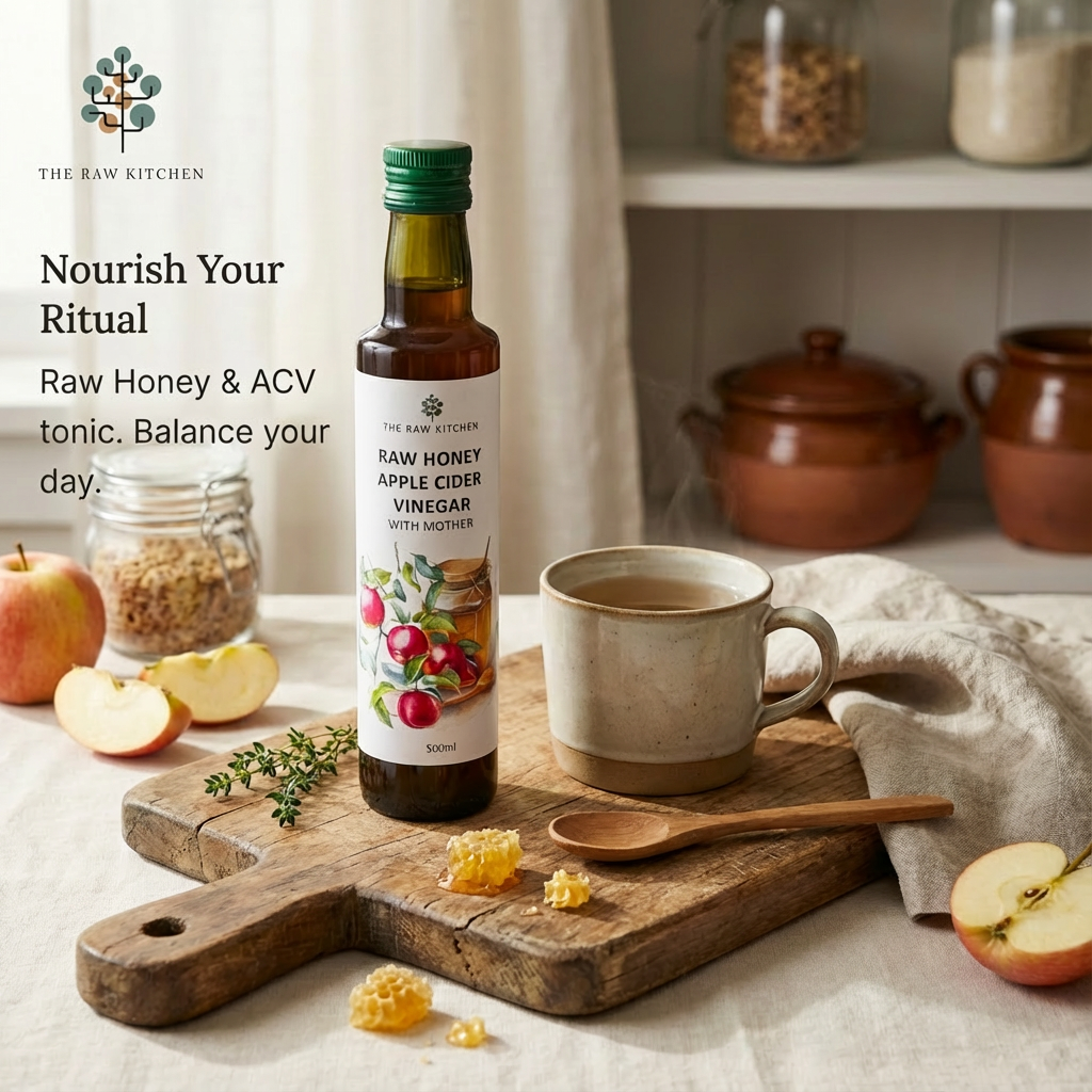 Bottle of Raw Honey & ACV tonic on a wooden cutting board with apples and a mug in a kitchen setting.