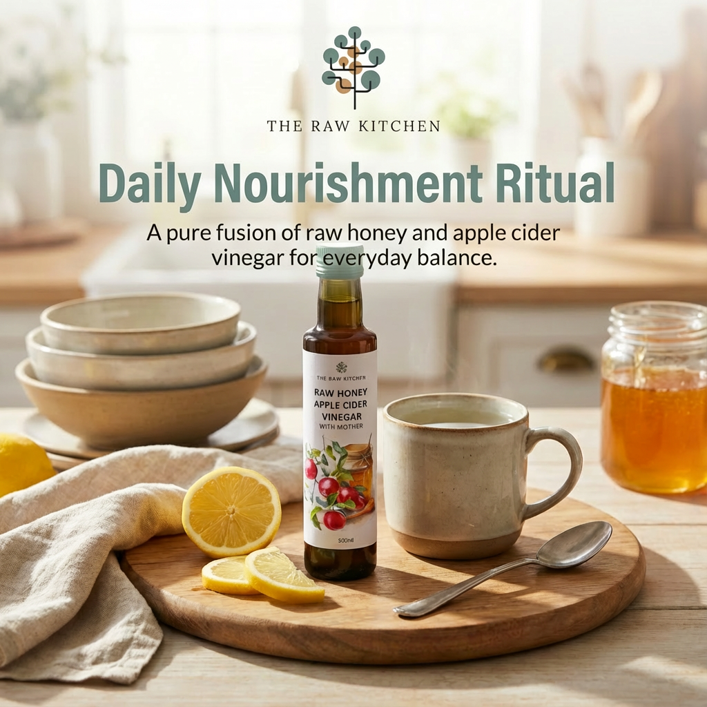 Bottle of raw honey and apple cider vinegar on a wooden cutting board with a mug, lemon, and jar in a kitchen setting.