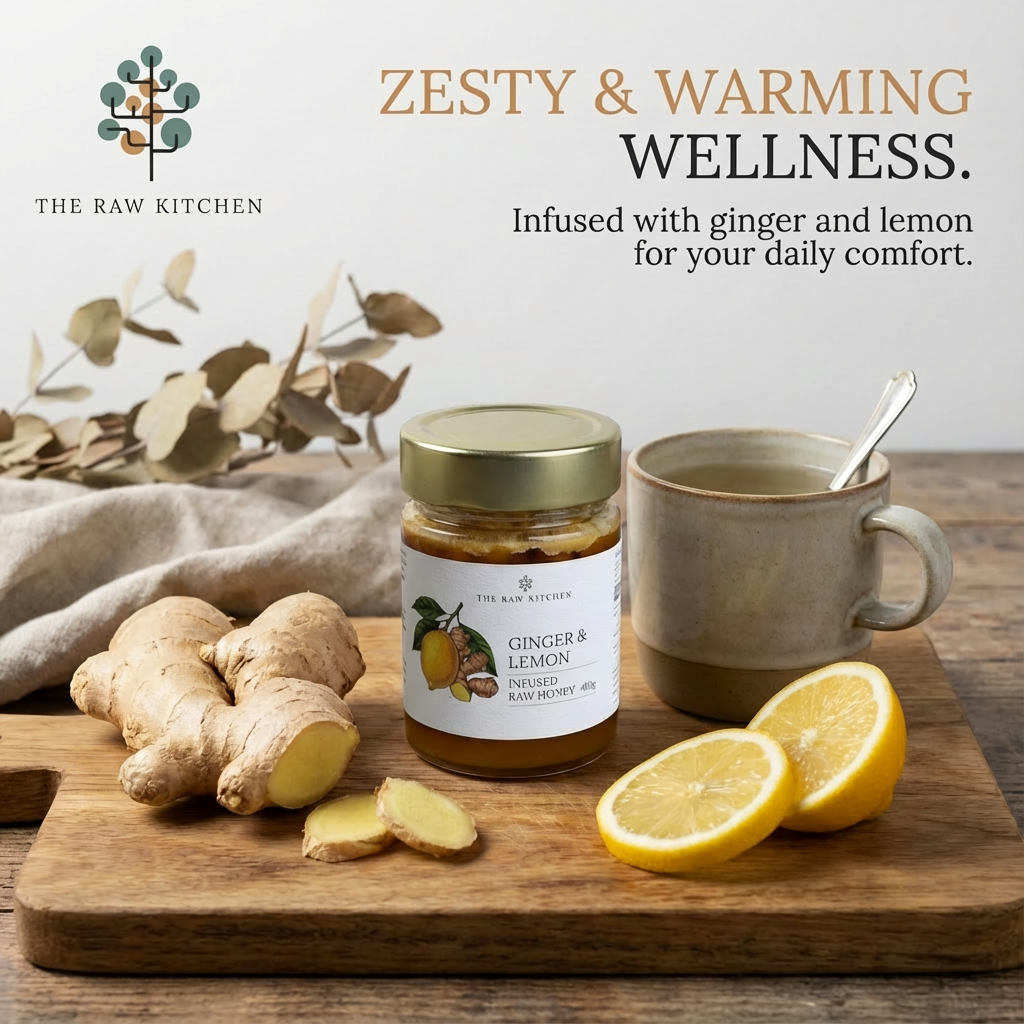 Jar of ginger and lemon honey on a wooden cutting board with ginger root, lemons, and a mug.