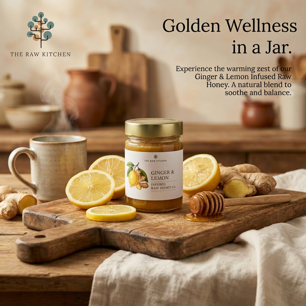 Jar of Ginger & Lemon Infused Raw Honey on a wooden cutting board with lemons and honey dipper, branded 'The Raw Kitchen'.