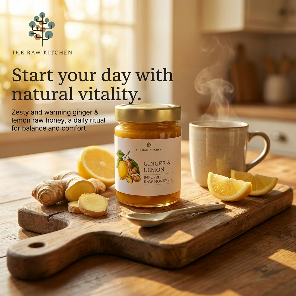 Ginger and lemon raw honey jar on a wooden cutting board with a steaming mug and lemon slices, in a kitchen setting.