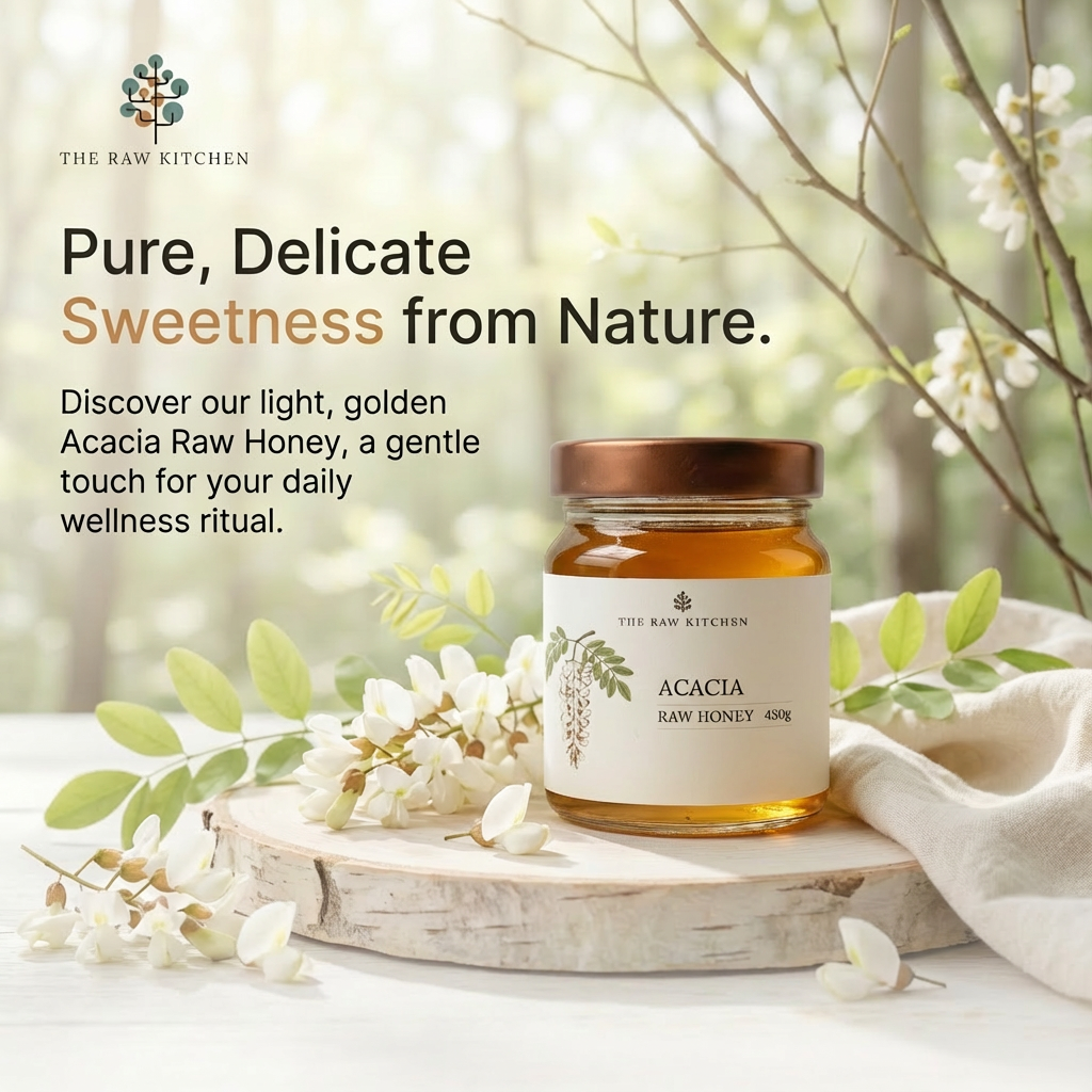 Jar of Acacia Raw Honey with nature-themed background and text about honey's qualities.