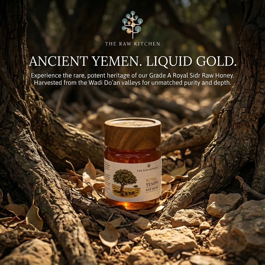 Jar of raw honey from The Raw Kitchen on a natural background with text about Yemeni honey.