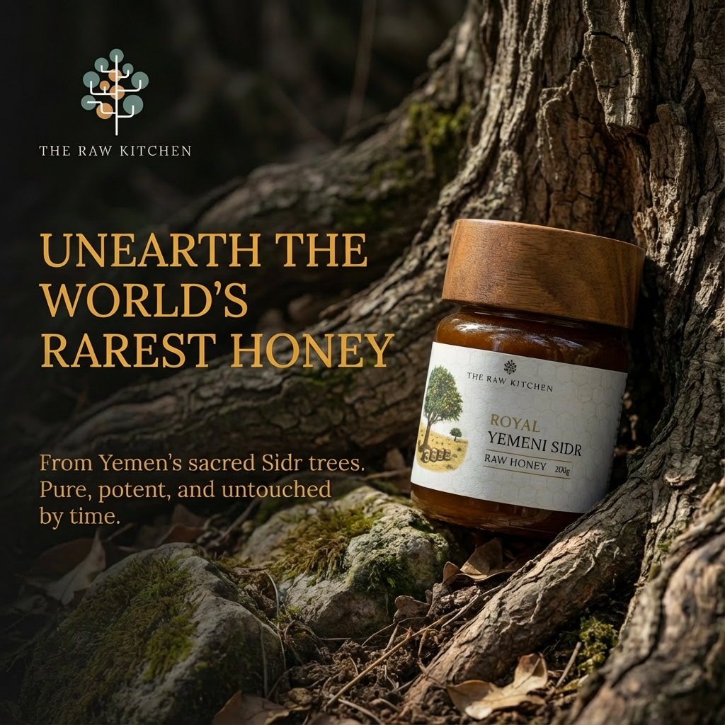 Bottle of 'Royal Yemeni Sidr' honey against a natural background with text about the product.