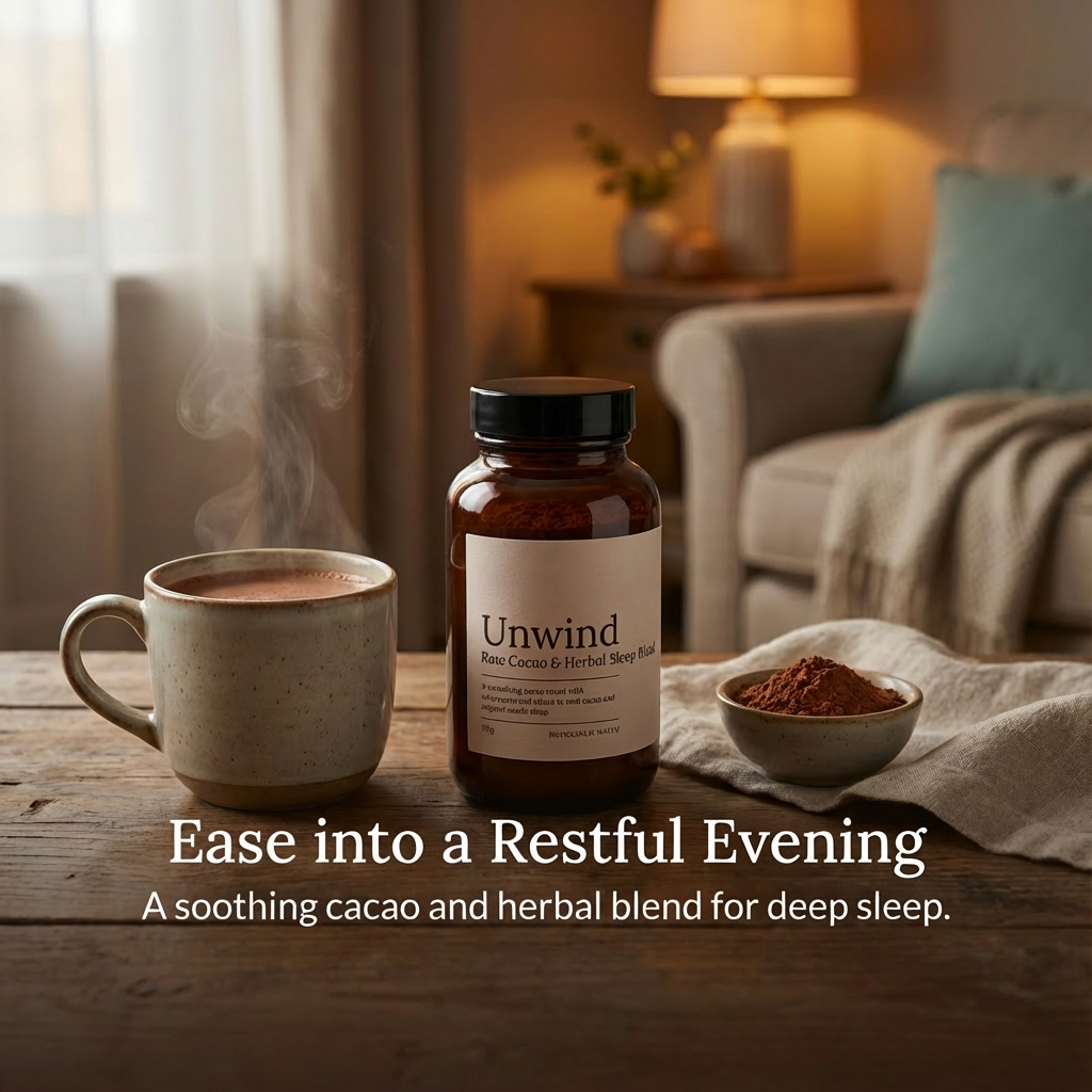 a cup of hot chocolate next to a bottle of unwind cacao sleep belnd sitting on a wooden table