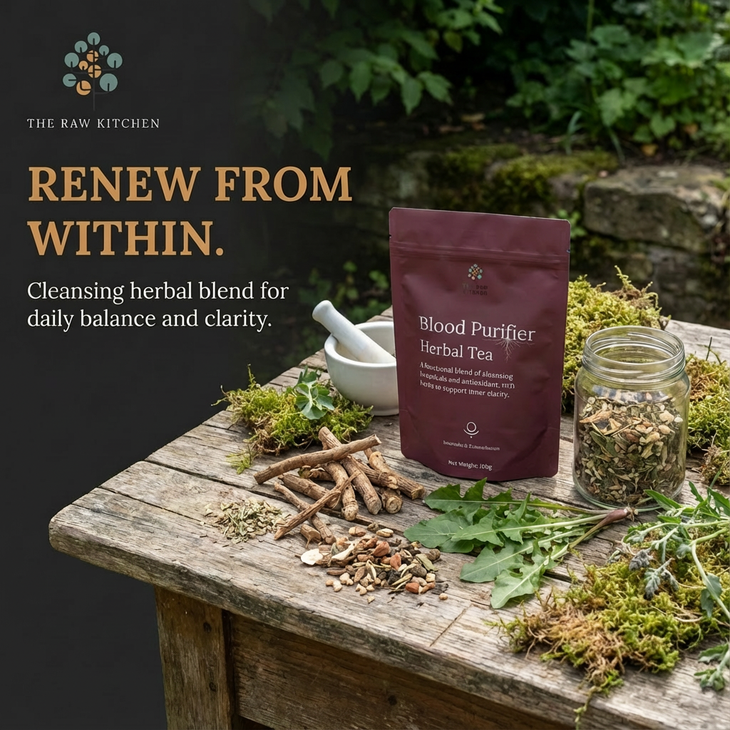 Herbal tea packaging with herbs on a wooden table outdoors, featuring 'The Raw Kitchen' brand.