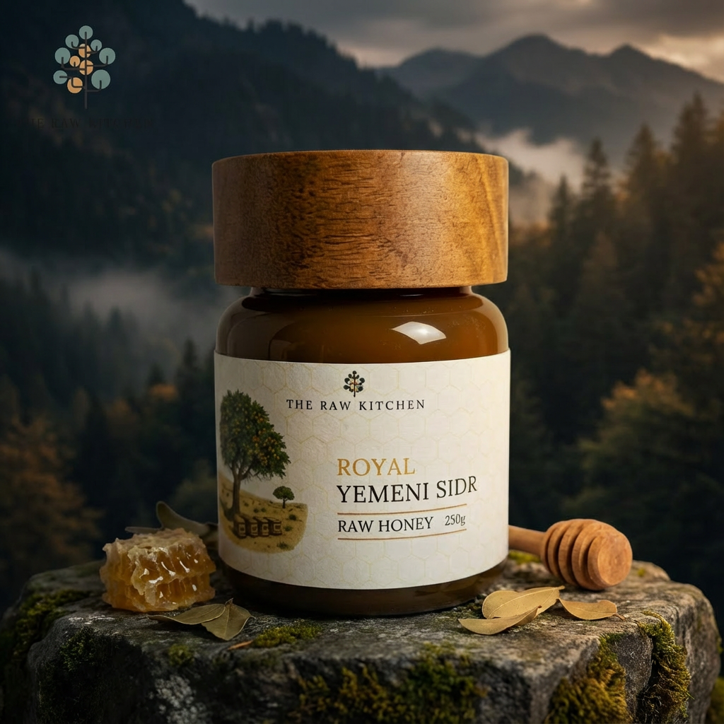 Jar of Royal Yemeni Sidr raw honey with a wooden lid on a stone surface against a mountainous background.