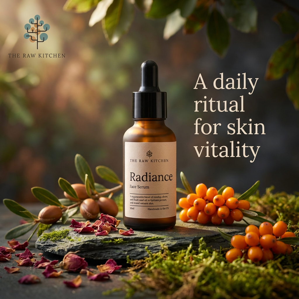 Radiance face serum bottle with natural elements on a dark surface, featuring 'The Raw Kitchen' brand.