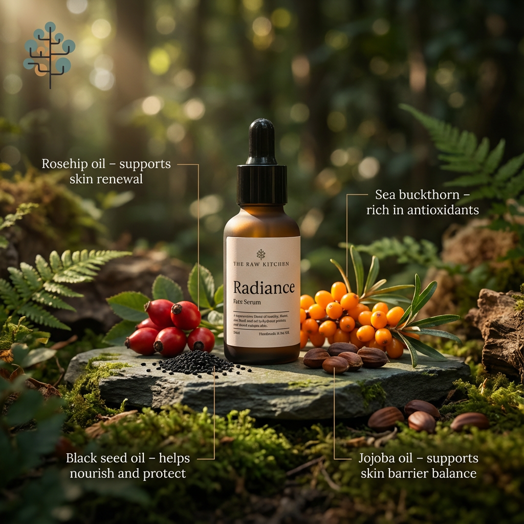 Radiance hair serum bottle with natural ingredients on a forest background