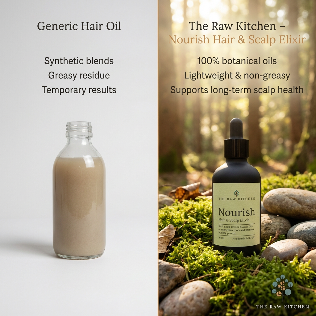 Comparison of a generic hair oil bottle with a 'The Raw Kitchen' nourish hair and scalp elixir bottle against a natural background.