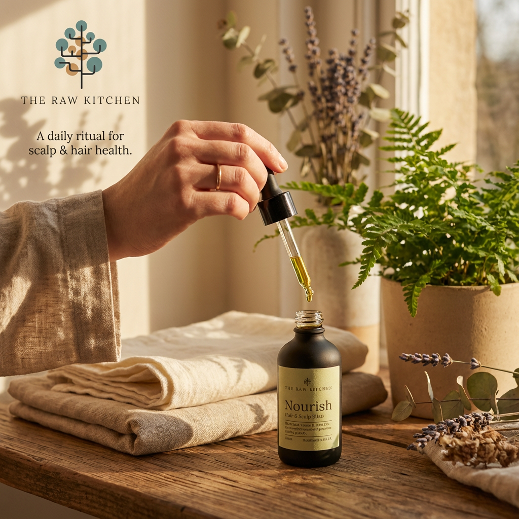 Person pouring a dropper of oil into a bottle labeled 'Nourish' on a wooden table with plants in the background.