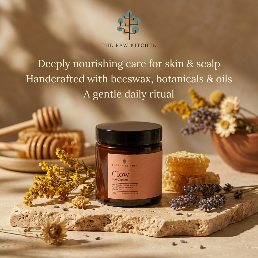 Jar of 'Glow' cream from The Raw Kitchen with natural elements on a stone surface.