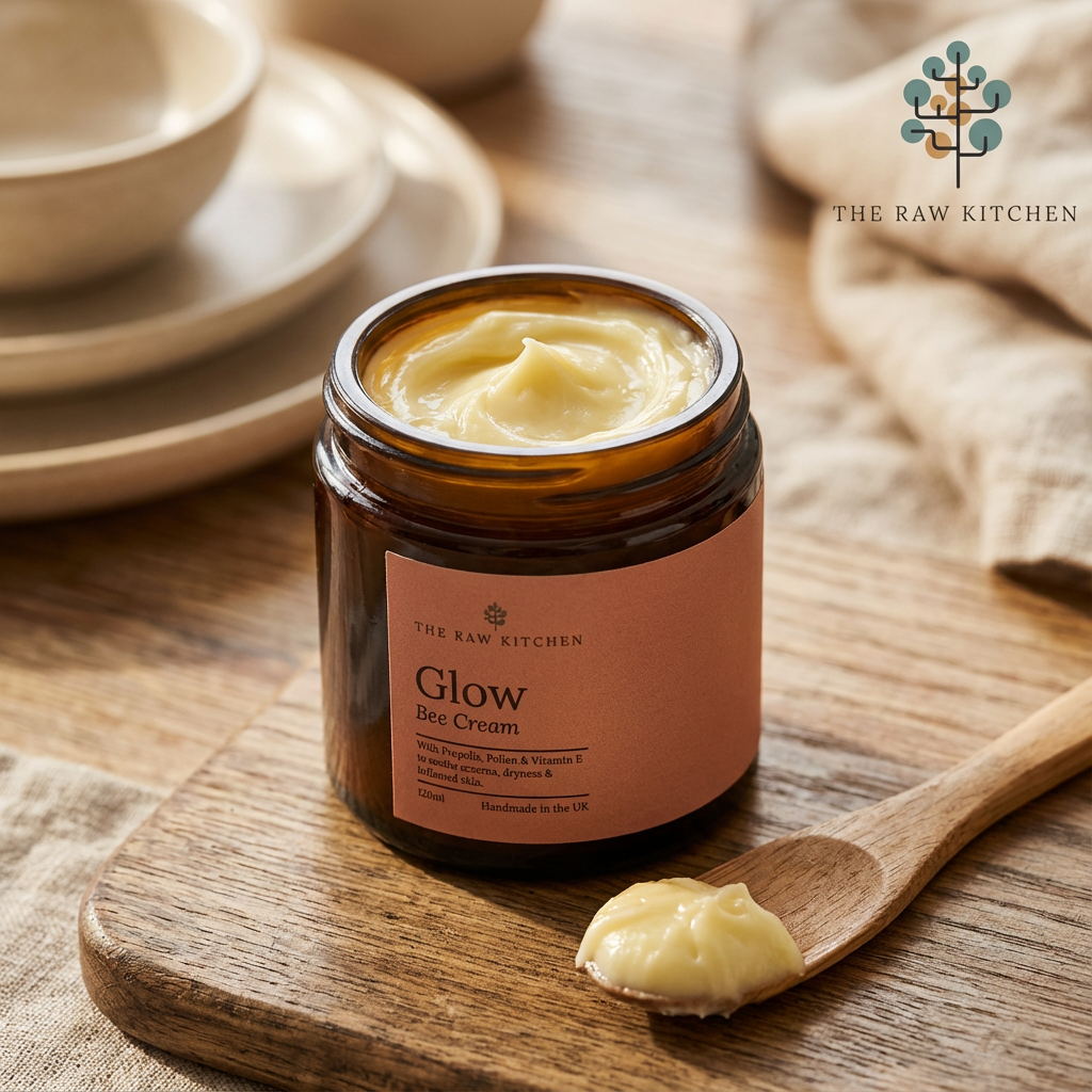 Jar of 'Glow Bee Cream' from The Raw Kitchen on a wooden surface with a spoonful of cream.