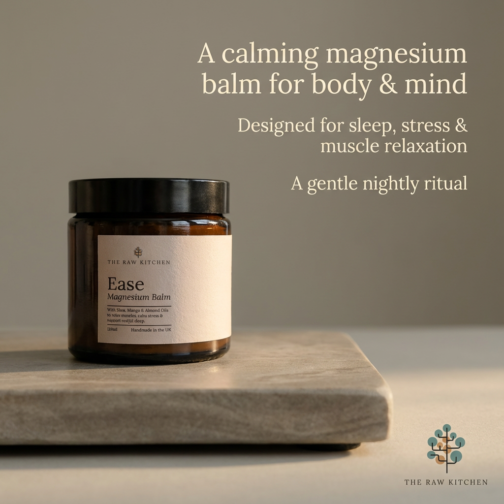 Jar of Ease magnesium balm on a stone surface with text about its benefits.