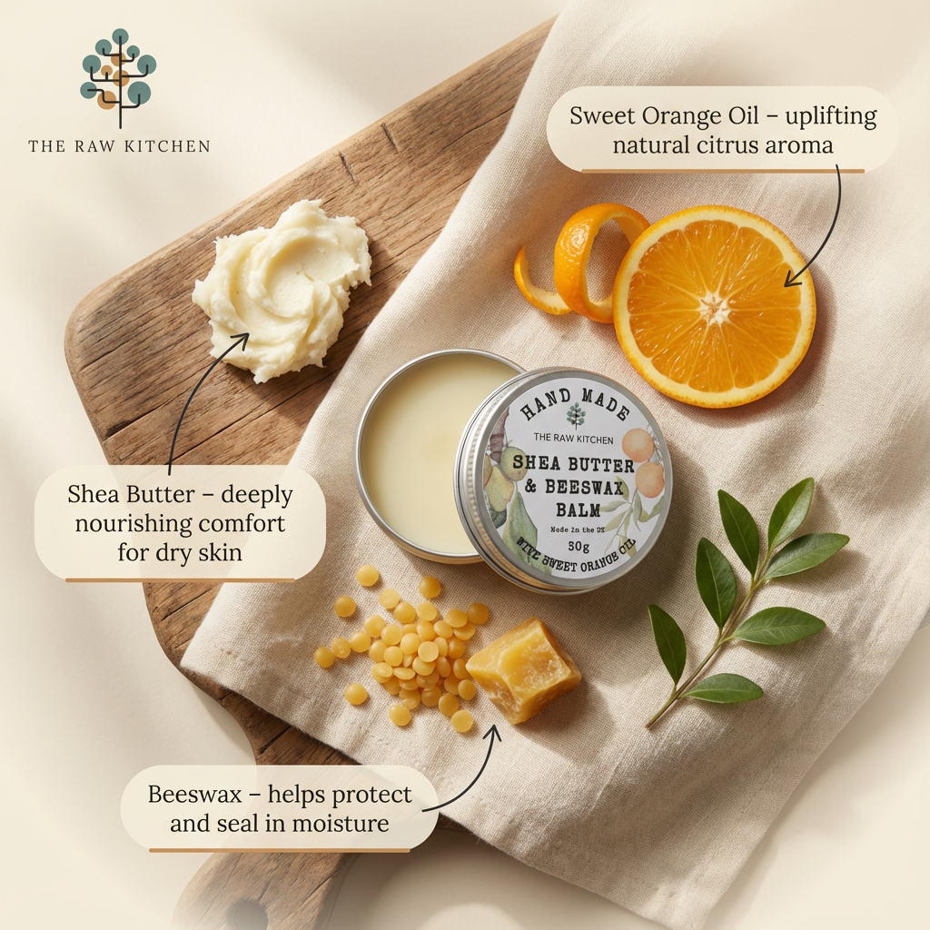 Shea butter, beeswax, and a tin of hand-made shea butter and beeswax balm on a wooden board with oranges and leaves.