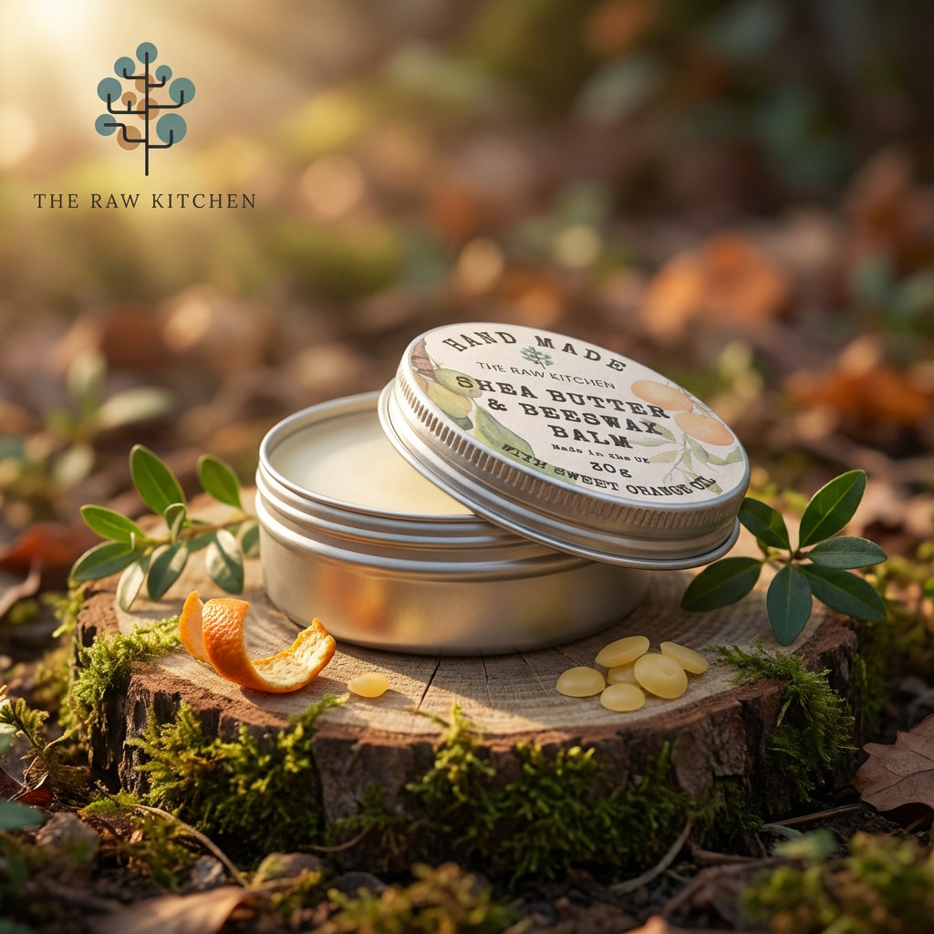 Shea butter balm in a tin on a wooden stump with leaves and an orange peel, branded 'The Raw Kitchen'.