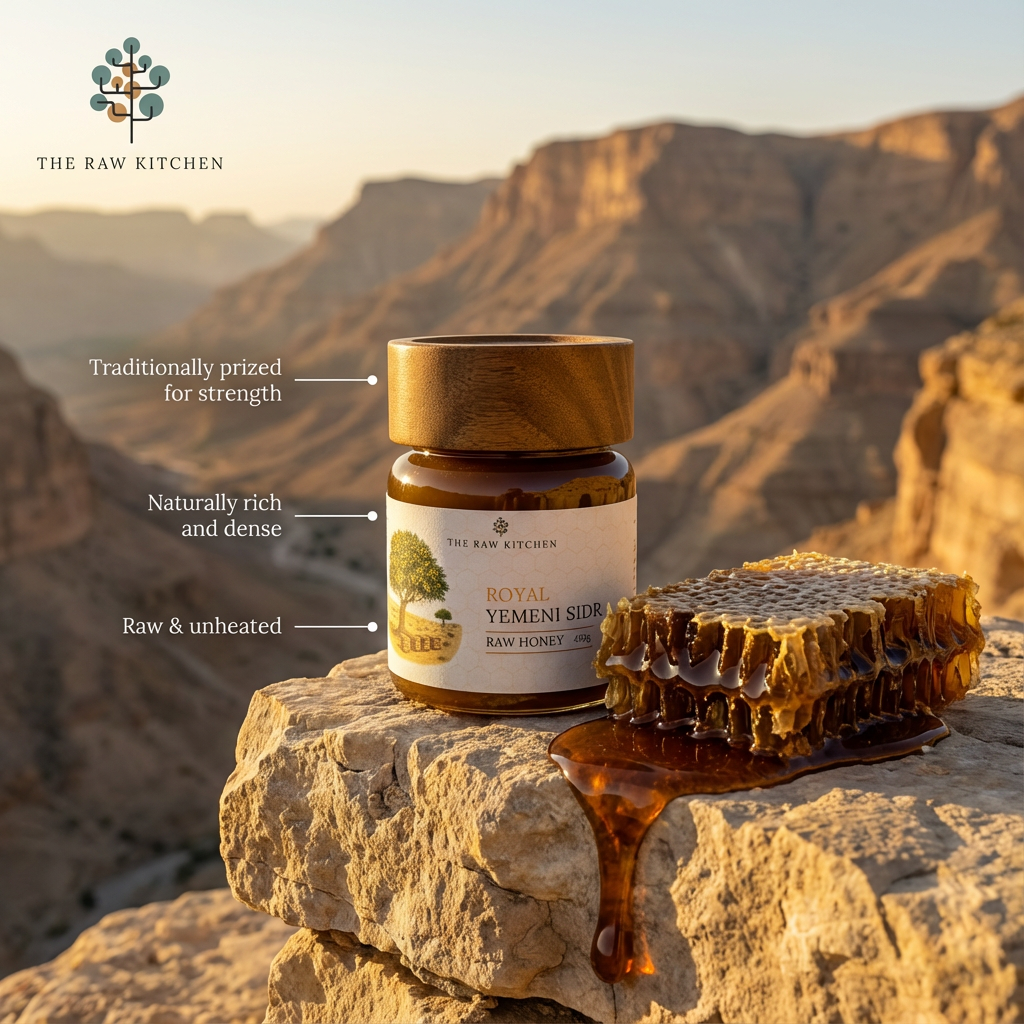 Jar of honey and honeycomb on a rock with desert landscape in the background, featuring 'The Raw Kitchen' brand.
